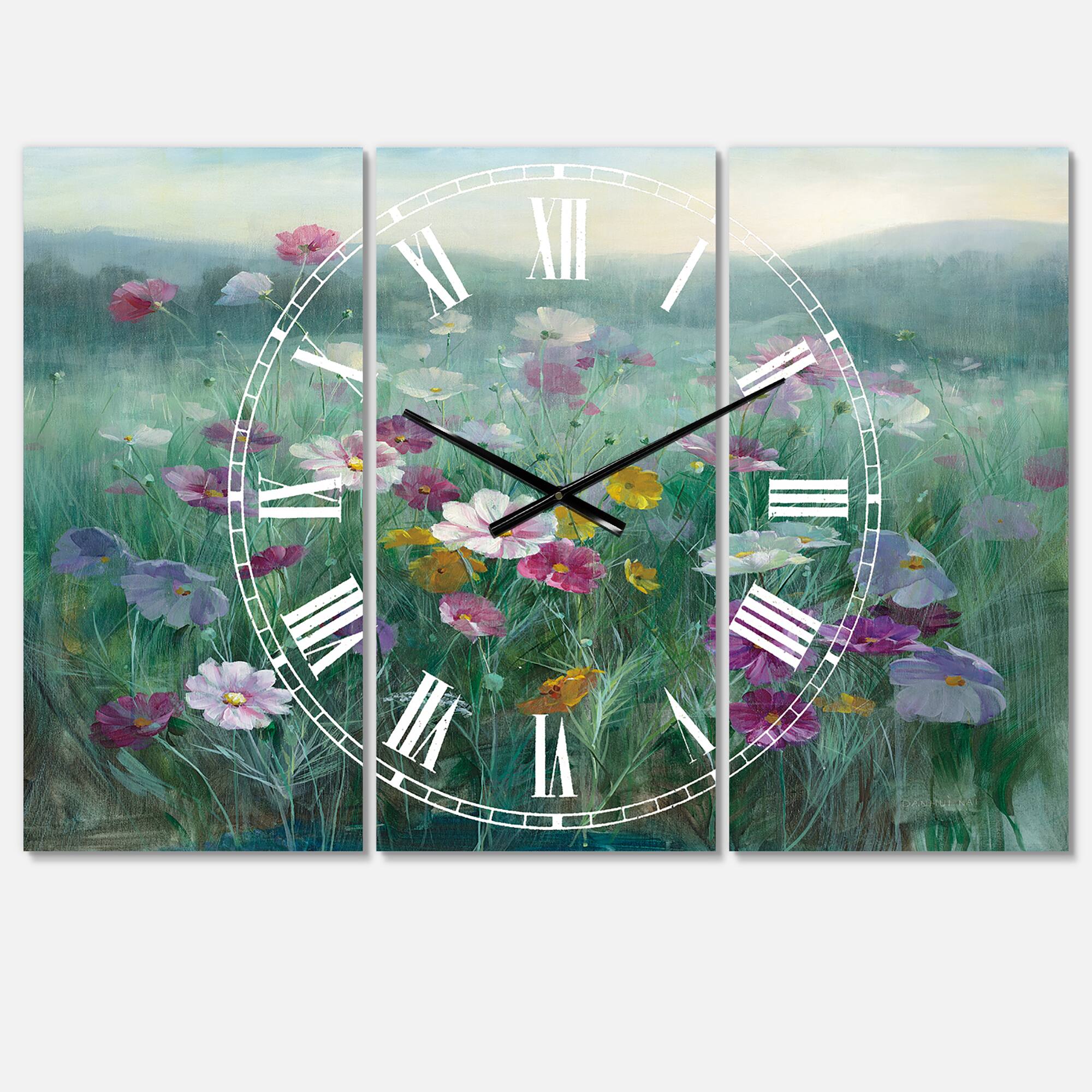 Designart Flower Field 3 Panel Farmhouse Wall Clock